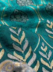 Pure Muslin Shades Of Blue Color Floral Daman Embroidery Fabric.