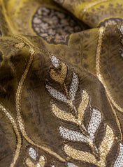 Pure Muslin Olive Green Color Floral Daman Embroidery Fabric.