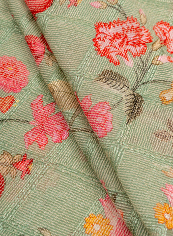 (Pre Cut-1 Meter) Pure Georgette Mint Green Color Floral Digital Print Resham Embroidery Fabric.