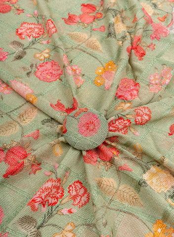 (Pre Cut-1 Meter) Pure Georgette Mint Green Color Floral Digital Print Resham Embroidery Fabric.