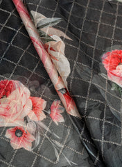 Pure Chinnon Chiffon Black Color Floral digital Print Sequins Embroidery Fabric.