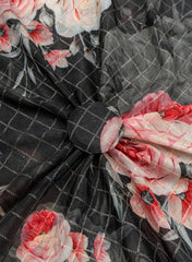 Pure Chinnon Chiffon Black Color Floral digital Print Sequins Embroidery Fabric.