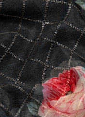 Pure Chinnon Chiffon Black Color Floral digital Print Sequins Embroidery Fabric.