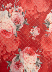 Pure Chinnon Chiffon Red Color Floral digital Print Sequins Embroidery Fabric.