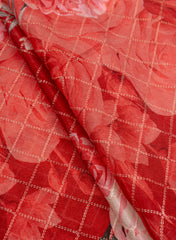 Pure Chinnon Chiffon Red Color Floral digital Print Sequins Embroidery Fabric.