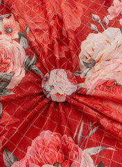 Pure Chinnon Chiffon Red Color Floral digital Print Sequins Embroidery Fabric.