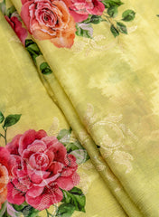 Pure Chinnon Chiffon Lime Green Color Floral digital Print Sequins Embroidery Fabric.