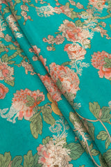 Pure Dola Silk Sea Green Color Jacqurad With Floral Digital Print Fabric.