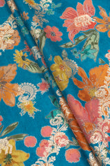 Pure Dola Silk Aqua Blue Color Jacqurad With Floral Digital Print Fabric.
