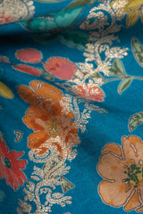 Pure Dola Silk Aqua Blue Color Jacqurad With Floral Digital Print Fabric.