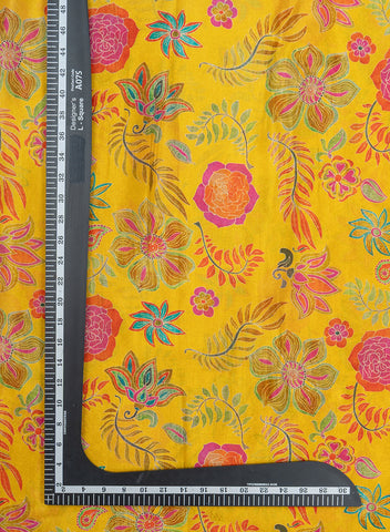 (Precut- 1.75 Meter) Viscose Tissue Golden Yellow Color Floral Pattern Digital Print Fabric.