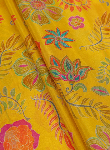 (Precut- 1.75 Meter) Viscose Tissue Golden Yellow Color Floral Pattern Digital Print Fabric.