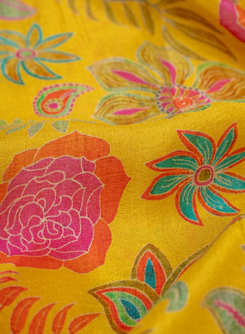 (Precut- 1.75 Meter) Viscose Tissue Golden Yellow Color Floral Pattern Digital Print Fabric.
