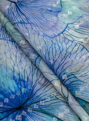 Pure Georgette Capri Blue Color Floral Digital Print Sequins Embroidery Fabric.