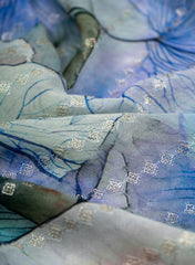 Pure Georgette Capri Blue Color Floral Digital Print Sequins Embroidery Fabric.