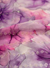 Pure Georgette Sunset Purple Color Floral Digital Print Sequins Embroidery Fabric.