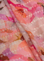 Pure Georgette Peach Color Floral Digital Print Sequins Embroidery Fabric.