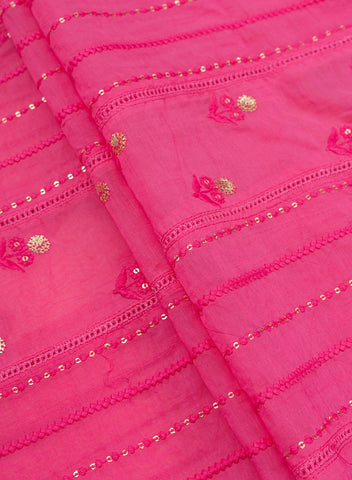 (Precut- 1 Meter) Pure Chanderi  Barbie Pink Color Sequins Embroidery Fabric.
