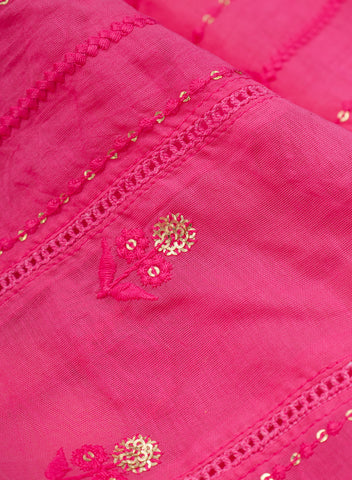 (Precut- 1 Meter) Pure Chanderi  Barbie Pink Color Sequins Embroidery Fabric.