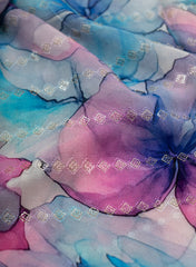 Pure Georgette Blue And Purple Color Floral Digital Print Sequins Embroidery Fabric.