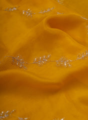 Pure Chinnon Chiffon Amber Yellow Color Zari And Sequins Floral Pattern Embroidery Fabric.