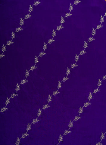 (Pre Cut-2 Meter) Pure Chinnon Chiffon Royal Purple Color Zari And Sequins Floral Pattern Embroidery Fabric.