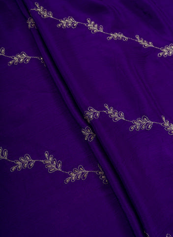 (Pre Cut-2 Meter) Pure Chinnon Chiffon Royal Purple Color Zari And Sequins Floral Pattern Embroidery Fabric.