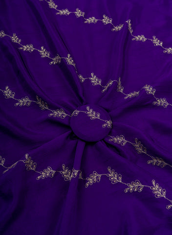 (Pre Cut-2 Meter) Pure Chinnon Chiffon Royal Purple Color Zari And Sequins Floral Pattern Embroidery Fabric.
