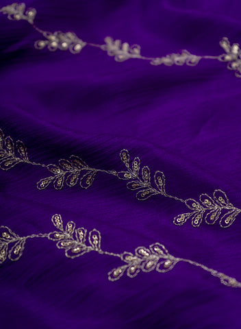 (Pre Cut-2 Meter) Pure Chinnon Chiffon Royal Purple Color Zari And Sequins Floral Pattern Embroidery Fabric.