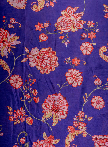 (Precut- 1 Meter) Silk Chinnon Royal Purple Color Floral Digital Print Fabric.