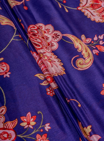 (Precut- 1 Meter) Silk Chinnon Royal Purple Color Floral Digital Print Fabric.