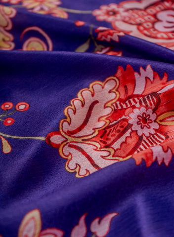 (Precut- 1 Meter) Silk Chinnon Royal Purple Color Floral Digital Print Fabric.