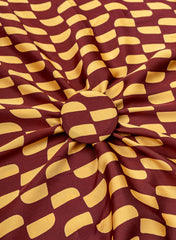 Pure Modal Satin Brown And Yellow Color Geometrical Pattern Natural Print Fabric.