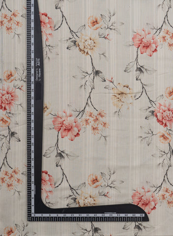 (Precut - 2 Meter) Pure Cotton Off-White And Light Orange Color Jacqurad Lurex With Floral Digital Print Fabric.