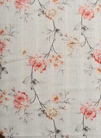 (Precut - 2 Meter) Pure Cotton Off-White And Light Orange Color Jacqurad Lurex With Floral Digital Print Fabric.