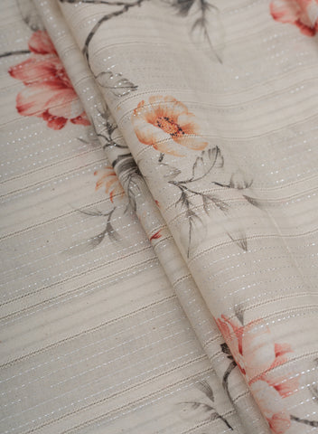 (Precut - 2 Meter) Pure Cotton Off-White And Light Orange Color Jacqurad Lurex With Floral Digital Print Fabric.