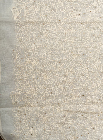 (Pre Cut-1.5 Meter) Pure Chanderi Off-White color Thread Work Floral Pattern Embroidery Fabric