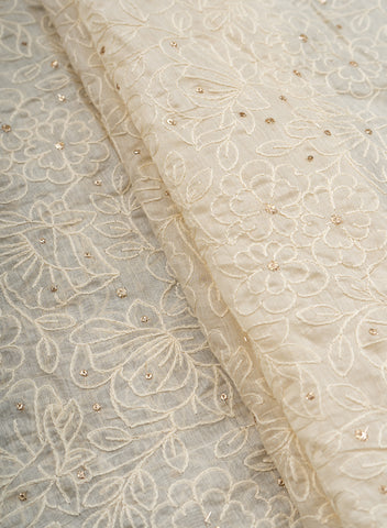 (Pre Cut-1.5 Meter) Pure Chanderi Off-White color Thread Work Floral Pattern Embroidery Fabric