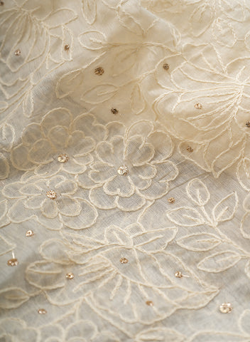 (Pre Cut-1.5 Meter) Pure Chanderi Off-White color Thread Work Floral Pattern Embroidery Fabric