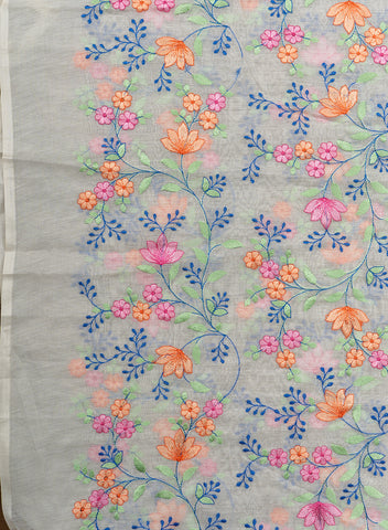(Pre Cut-2 Meter) Pure Chanderi Off-White color Floral Resham Work Embroidery Fabric