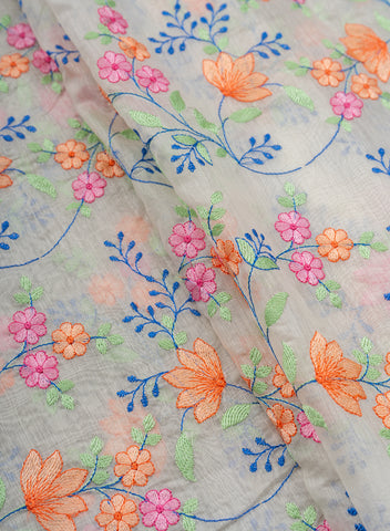 (Pre Cut-2 Meter) Pure Chanderi Off-White color Floral Resham Work Embroidery Fabric