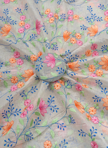 (Pre Cut-2 Meter) Pure Chanderi Off-White color Floral Resham Work Embroidery Fabric