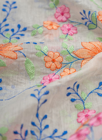 (Pre Cut-2 Meter) Pure Chanderi Off-White color Floral Resham Work Embroidery Fabric