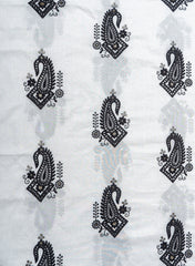 (Pre Cut- 2 Meter) Pure Cotton Cambric White Color With Black Paisley Thread Embroidery Fabric.