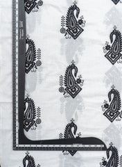 (Pre Cut- 2 Meter) Pure Cotton Cambric White Color With Black Paisley Thread Embroidery Fabric.