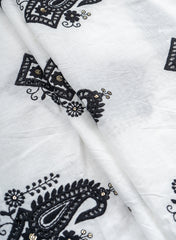 (Pre Cut- 2 Meter) Pure Cotton Cambric White Color With Black Paisley Thread Embroidery Fabric.