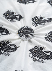 (Pre Cut- 2 Meter) Pure Cotton Cambric White Color With Black Paisley Thread Embroidery Fabric.