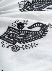 (Pre Cut- 2 Meter) Pure Cotton Cambric White Color With Black Paisley Thread Embroidery Fabric.