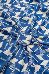 Pure Modal Satin Blue And White Color Geometrical Pattern Natural Print Fabric.