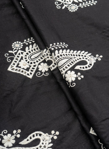 (Per Cut-1 Meter)  Pure Cotton Cambric black Color With White Paisley Thread Embroidery Fabric.
